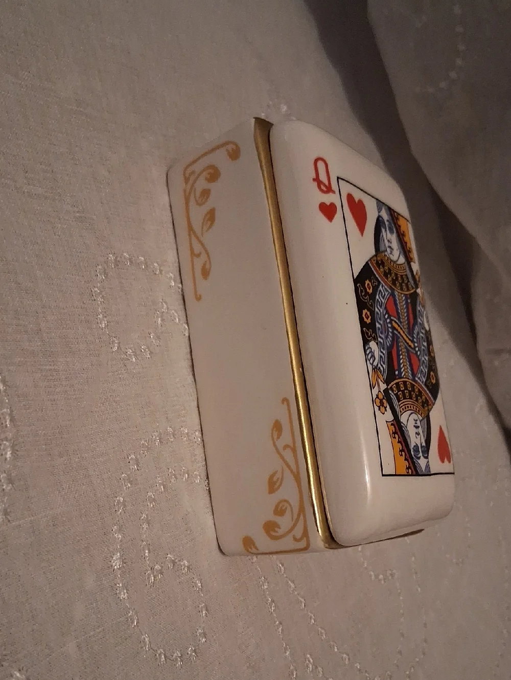 Porcelain Trinket Box with Queen of Hearts Playing Card Design